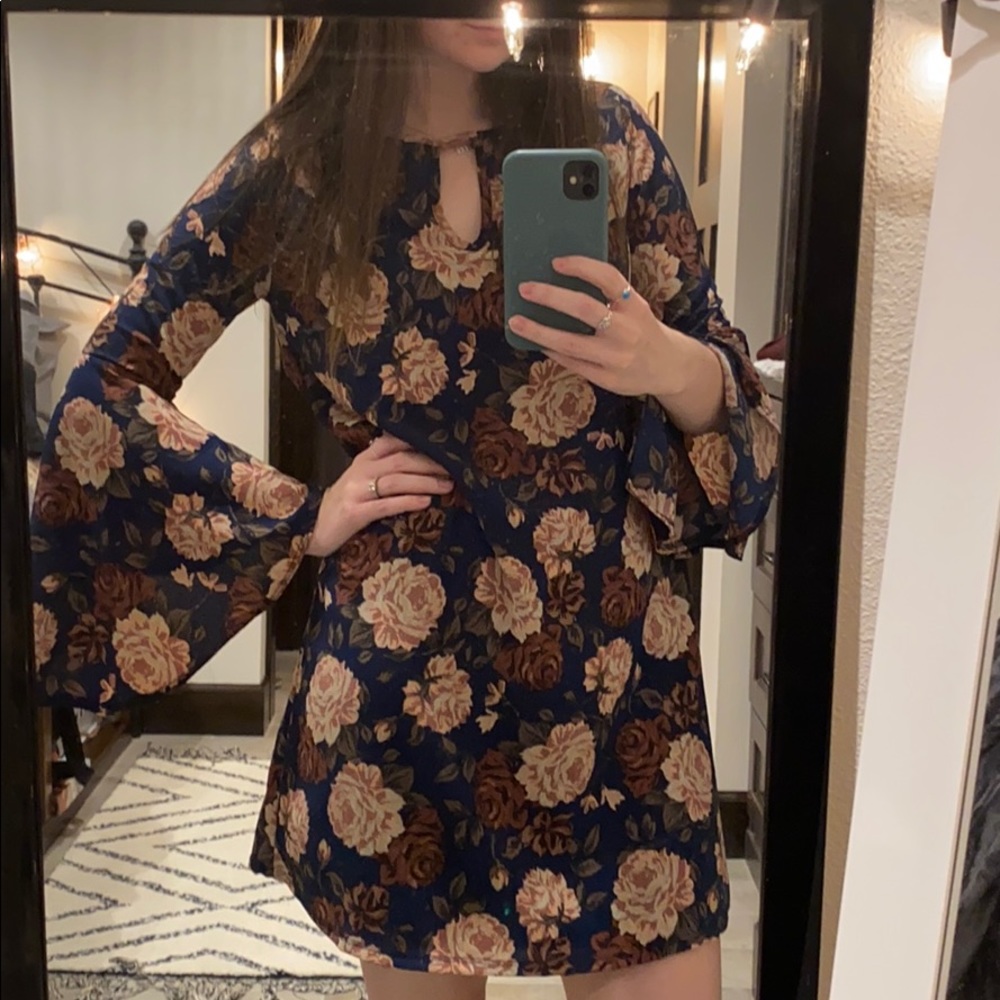 Navy with Pink Floral Shift Dress and Bell Sleeves